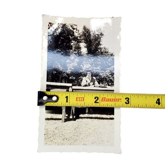 Vtg Lady Writing Thinking at Picnic Table Original Monochrome Photo Snapshot - Picture 3 of 4